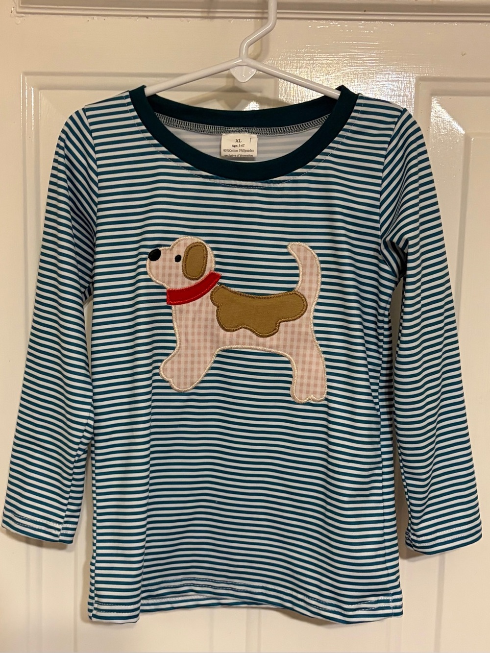 Adorable Green Striped Long-Sleeve Tee Shirt w/Dog Applique Size XL (5-6T)